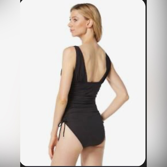 NWOT Michael Kors Plunging Shirred  Black One-Piece Swimsuit Size 4 - Picture 2 of 10